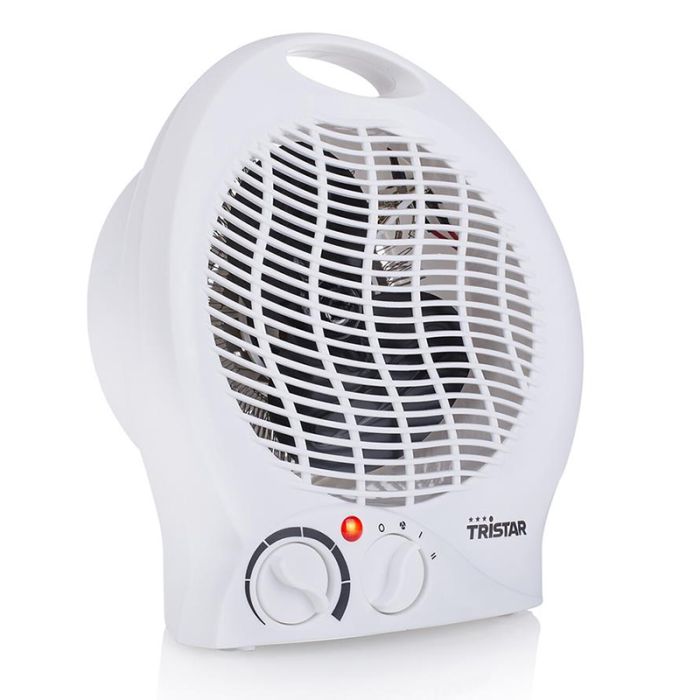 Compacte witte ventilatorkachel voor verwarming maar ook voor verkoeling. Met de twee handige draaiknoppen zijn de standen en de thermostaat te bedienen. 