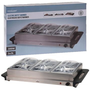 Excellent Electrics Buffetwarmer met 3 RVS bakken in verpakking