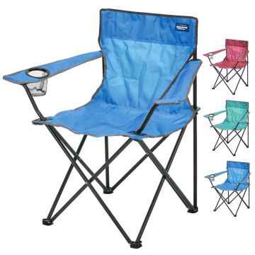 Redcliffs vouwstoel met metalen frame, polyester zitting én een handige bekerhouder in één van de comfortabele armleuningen is leverbaar in 3 verschillende kleuren