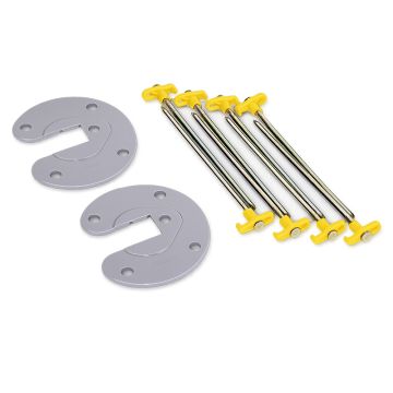 Platen en pennen om de poten van een Fiammastore luifel vast te zetten op de grond.